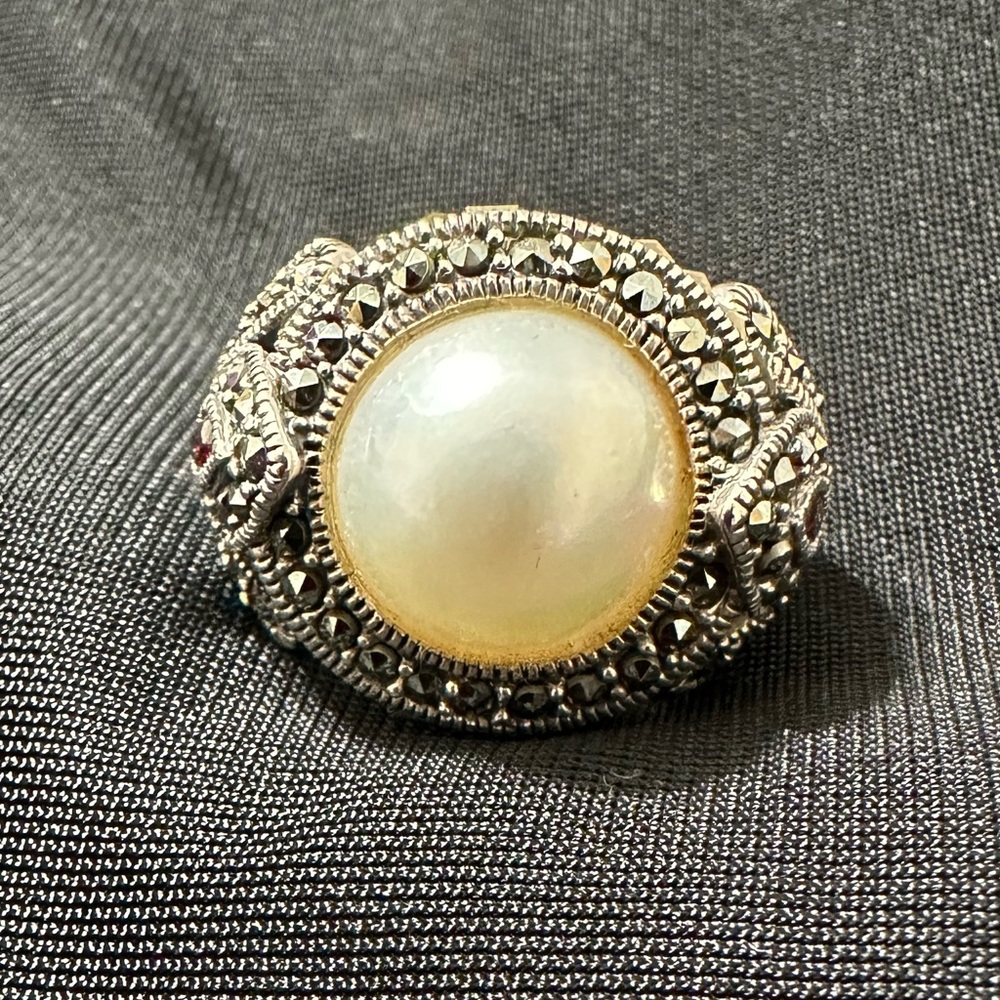 Vintage Pearl Marcasite Art Deco Style Ring Sterling Silver